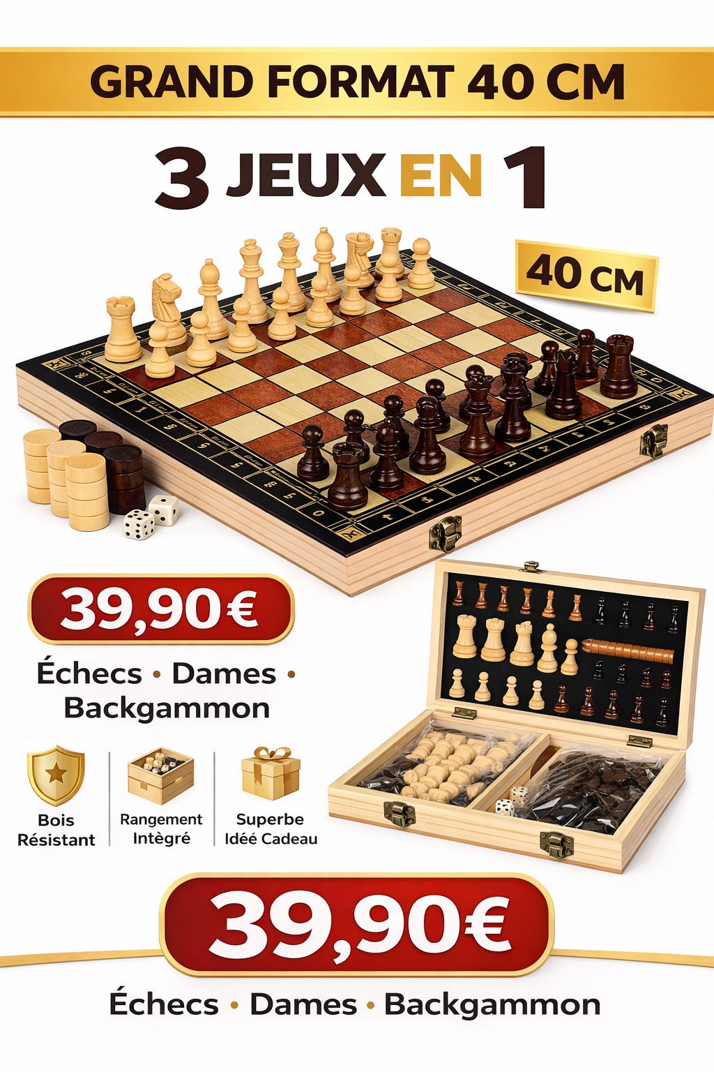 Grand Jeu 3 en 1 Échecs + Dames + Backgammon