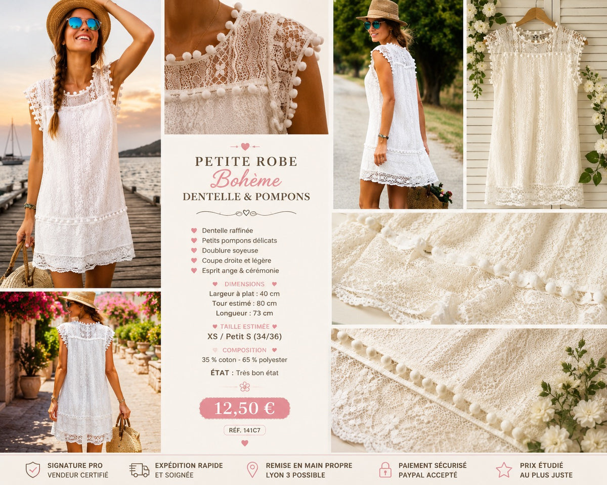 🤍 PETITE ROBE BOHÈME BLANCHE EN DENTELLE &  POMPONS 🤍