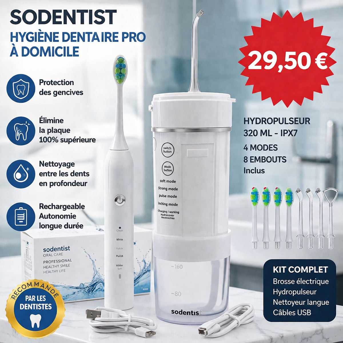 Kit hydropulseur + brosse électrique – nettoyage dentaire pro – neuf