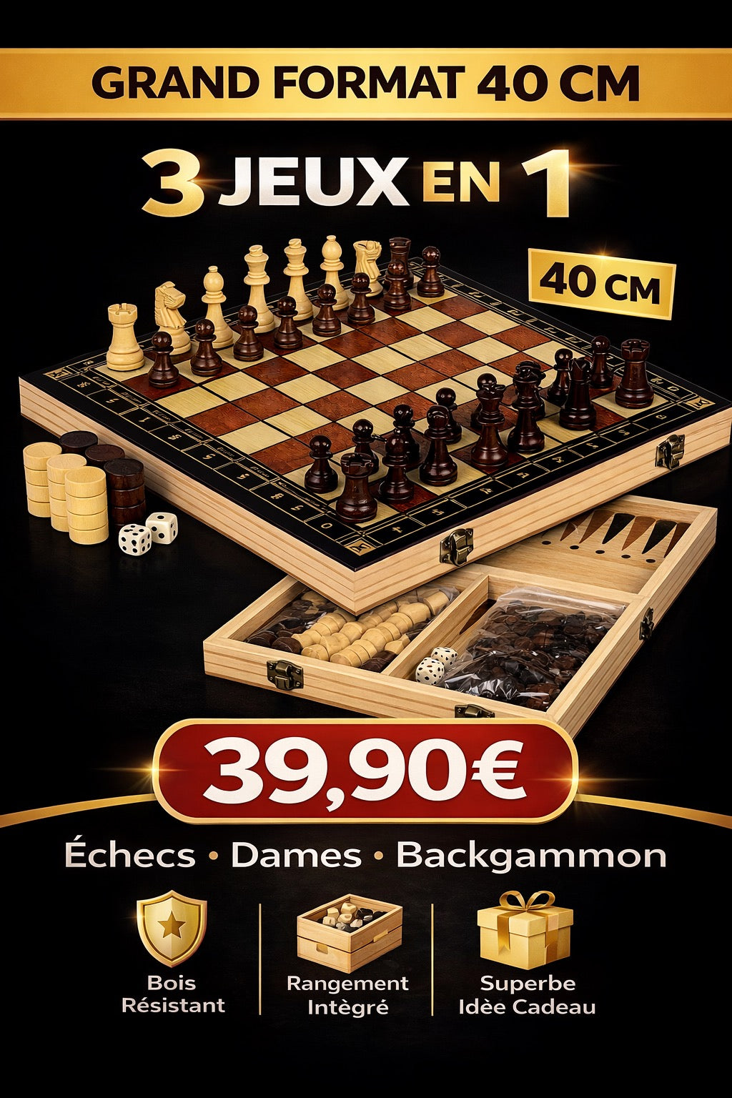 Grand Jeu 3 en 1 Échecs + Dames + Backgammon