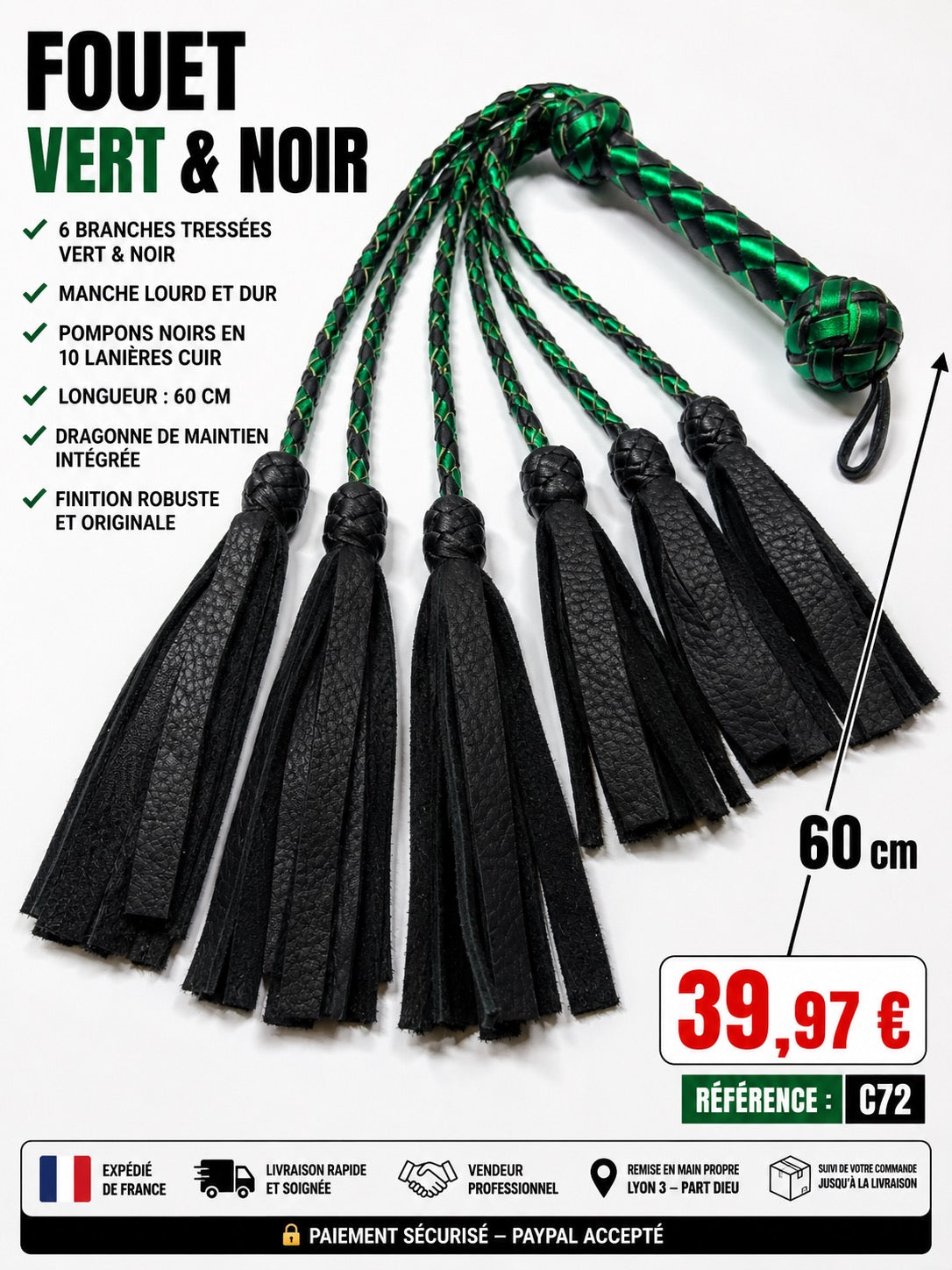 FOUET VERT &amp; NOIR PREMIUM – 6 BRANCHES TRESSÉES