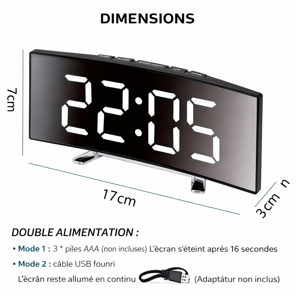 Réveil miroir LED moderne avec affichage courbé