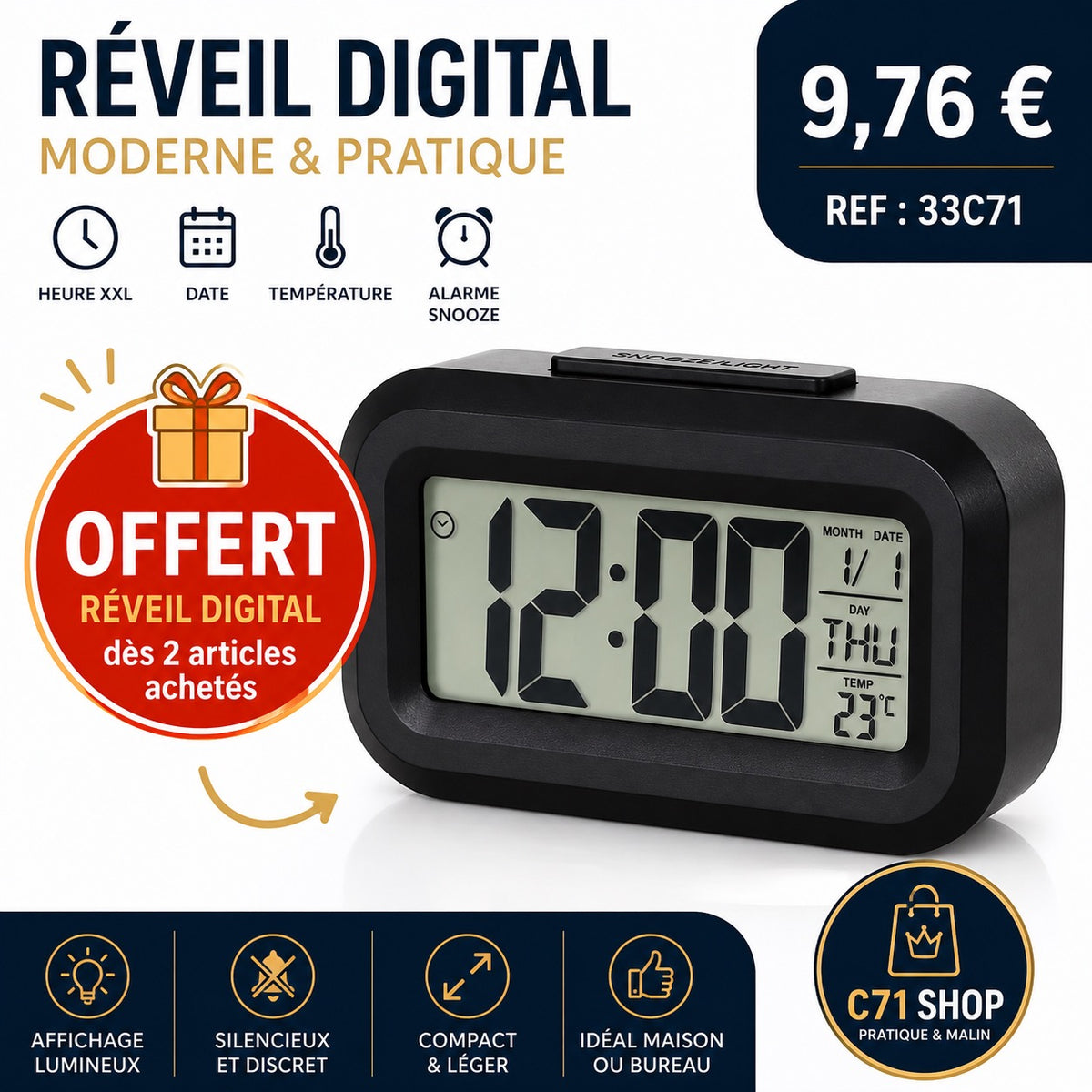 RÉVEIL DIGITAL LED –  MULTIFONCTION