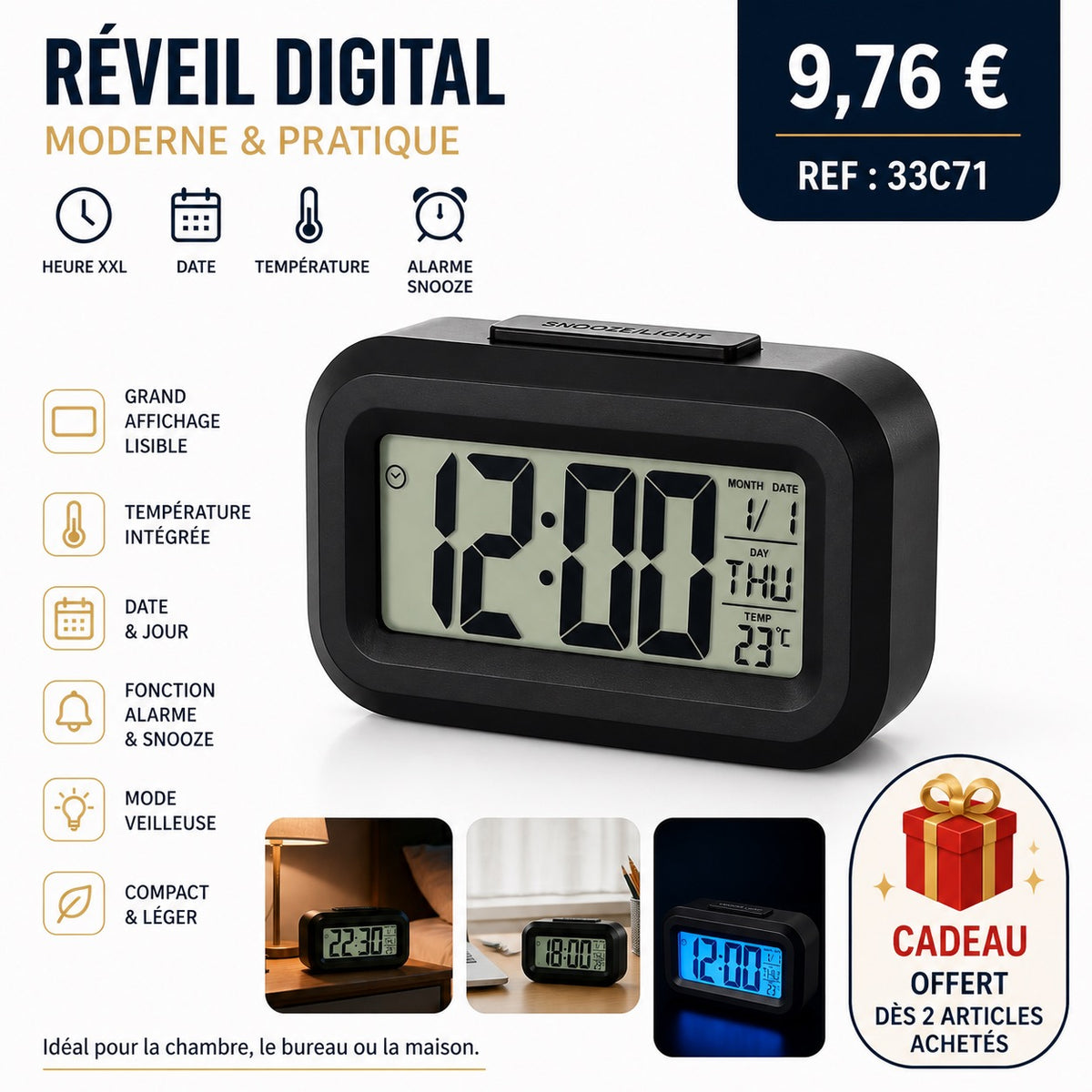 RÉVEIL DIGITAL LED –  MULTIFONCTION