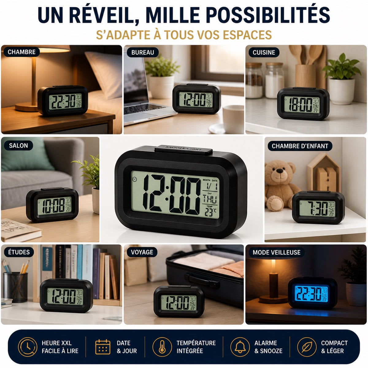 RÉVEIL DIGITAL LED –  MULTIFONCTION