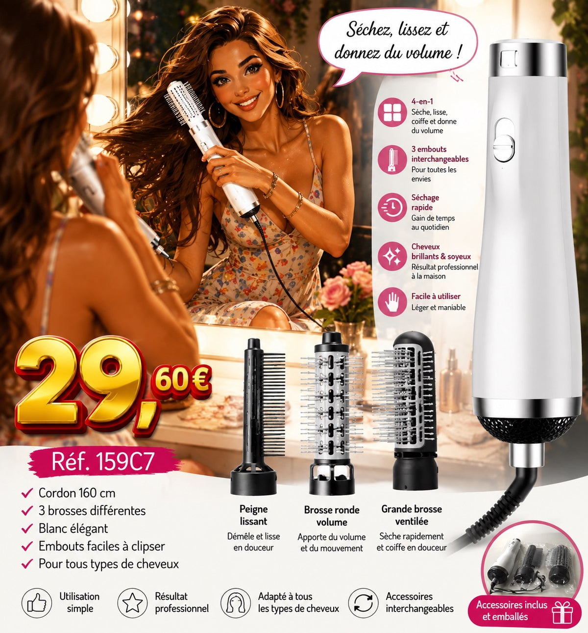 🌸 BROSSE SOUFFLANTE COIFFANTE 4 EN 1 – BLANC ÉLÉGANT 🌸