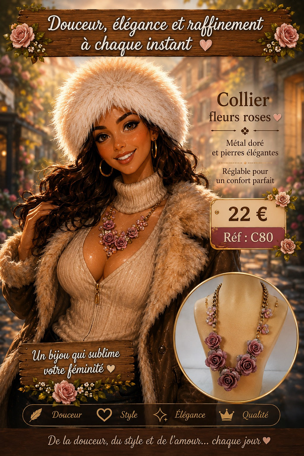 Collier de fleurs métal et pierres