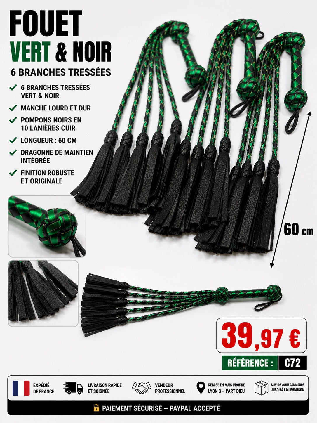 FOUET VERT &amp; NOIR PREMIUM – 6 BRANCHES TRESSÉES