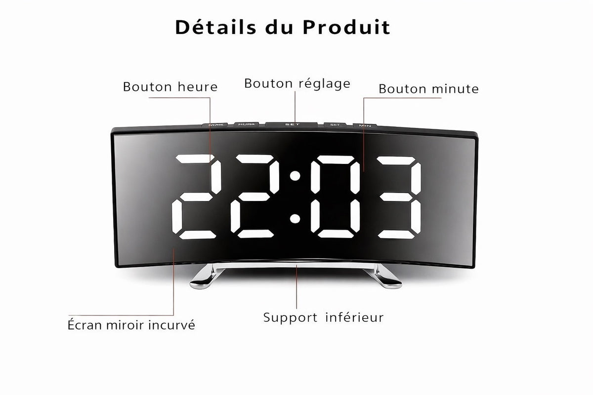 Réveil miroir LED moderne avec affichage courbé