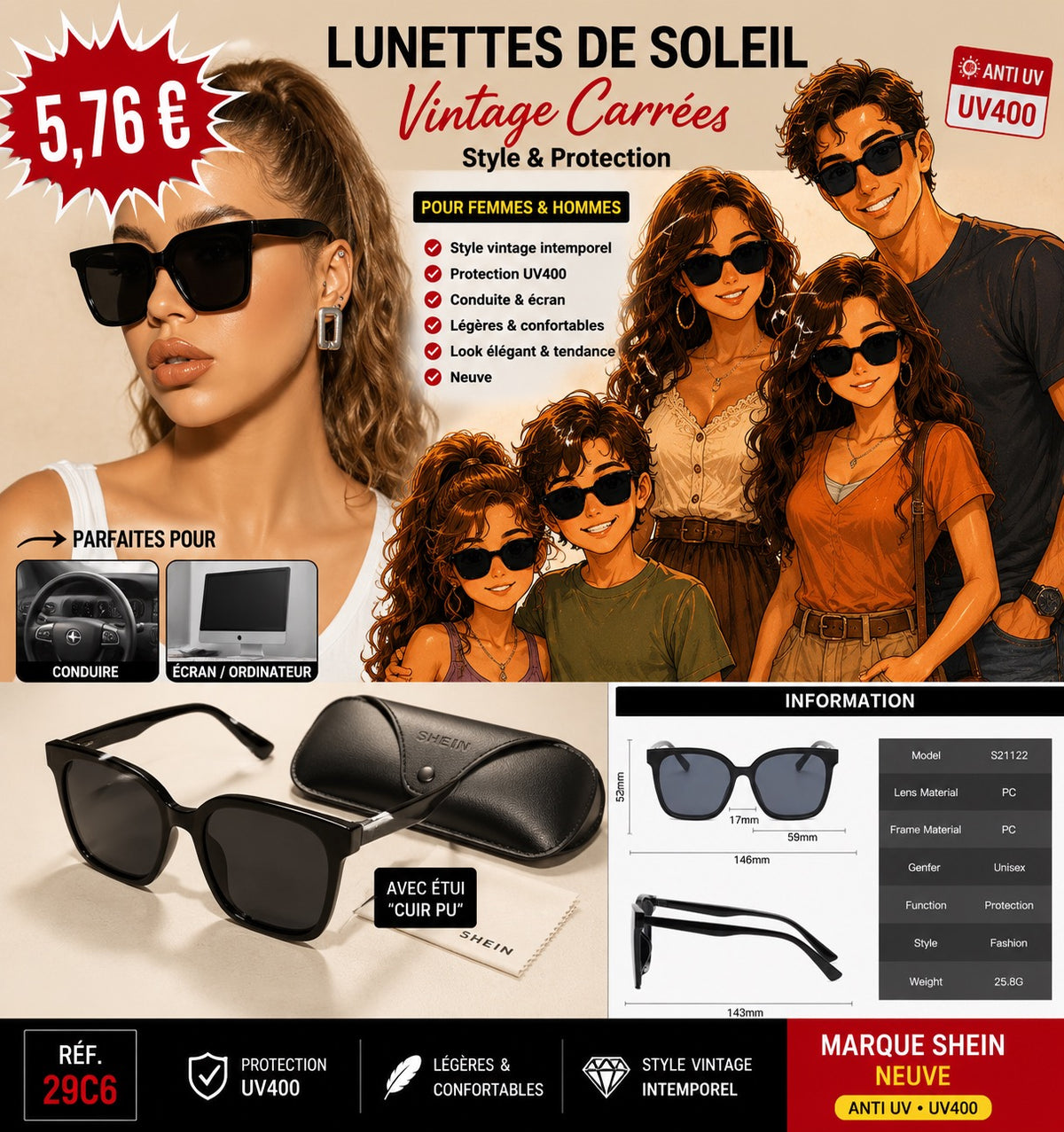 🕶️ LUNETTES DE SOLEIL VINTAGE CARRÉES SHEIN – STYLE & PROTECTION AU QUOTIDIEN !