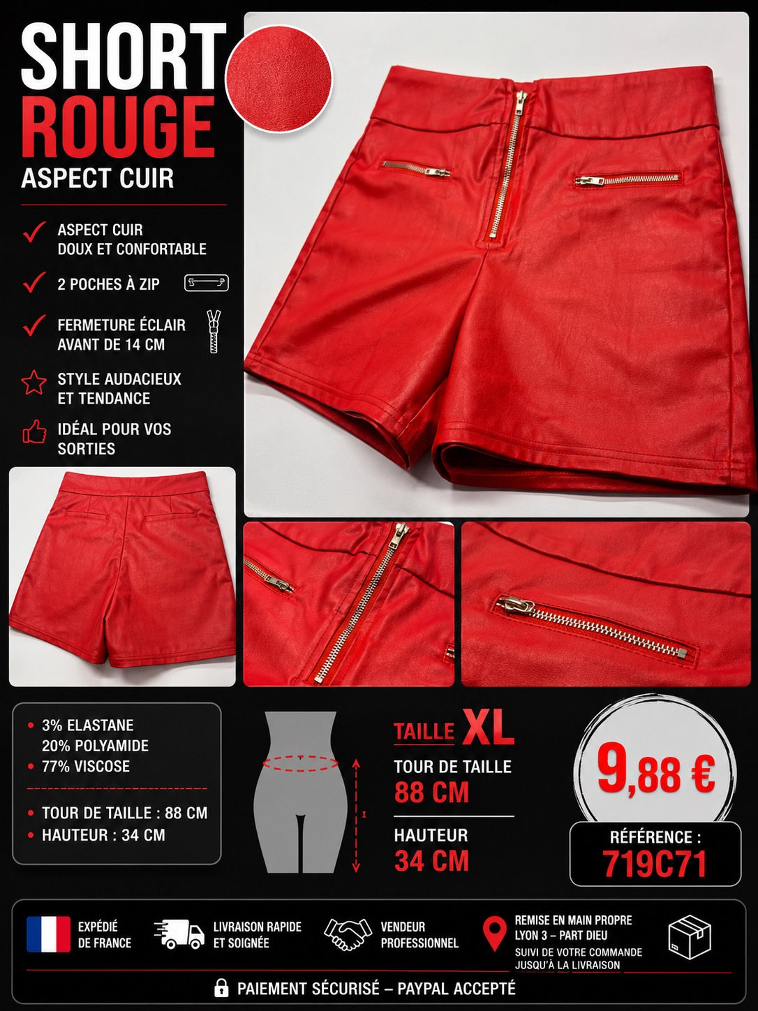 ✨ SHORT ROUGE ASPECT CUIR MIXTE XL ✨