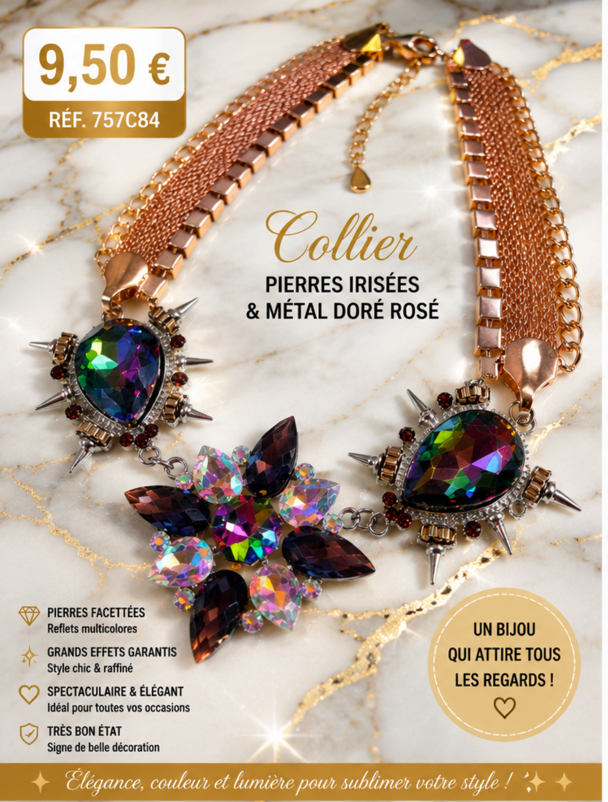 ✨ COLLIER FANTAISIE XXL – PIERRES IRISÉES &amp; MÉTAL DORÉ ROSÉ ✨