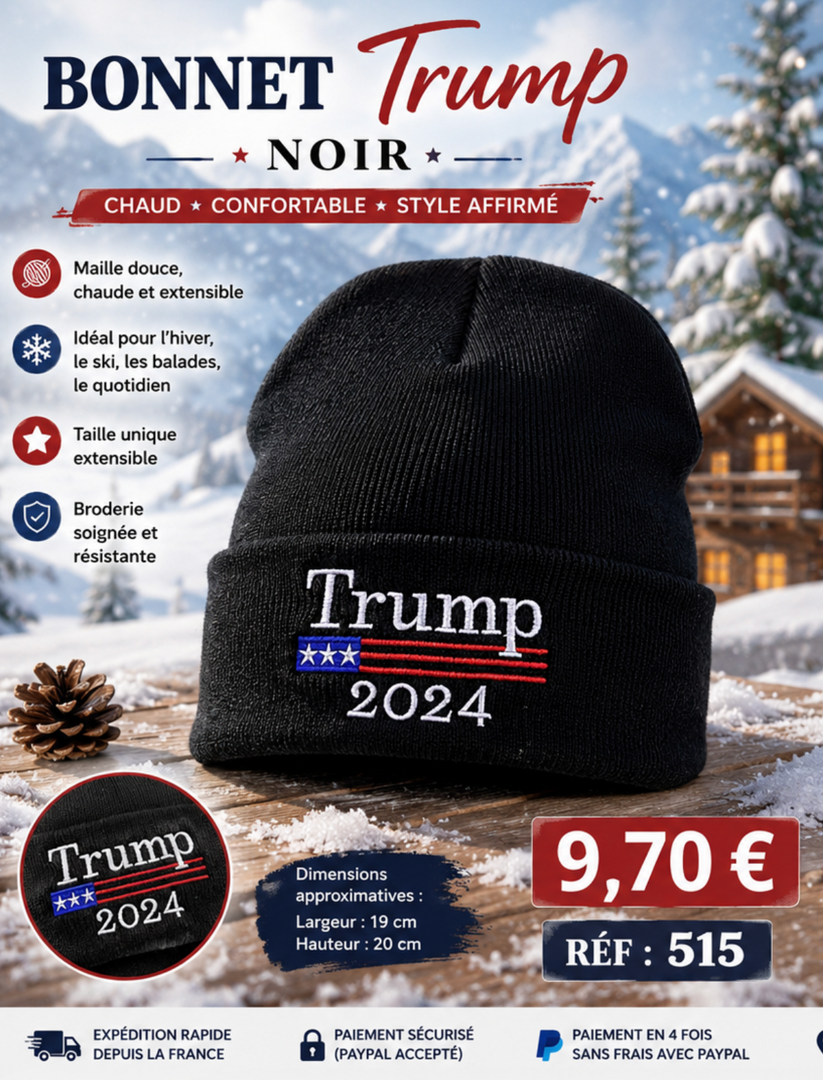 ❄️ BONNET NOIR BRODÉ – TRUMP 2024 – MAILLE CHAUDE