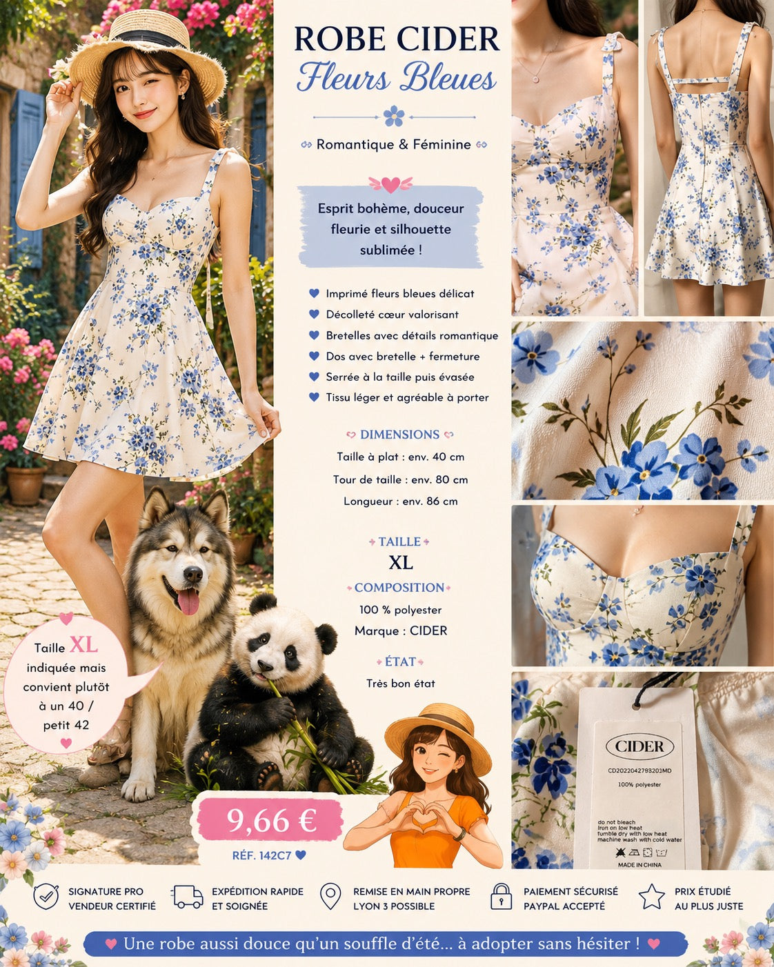 🌸 ROBE CIDER ÉCRUE À FLEURS BLEUES – TAILLE XL 🌸