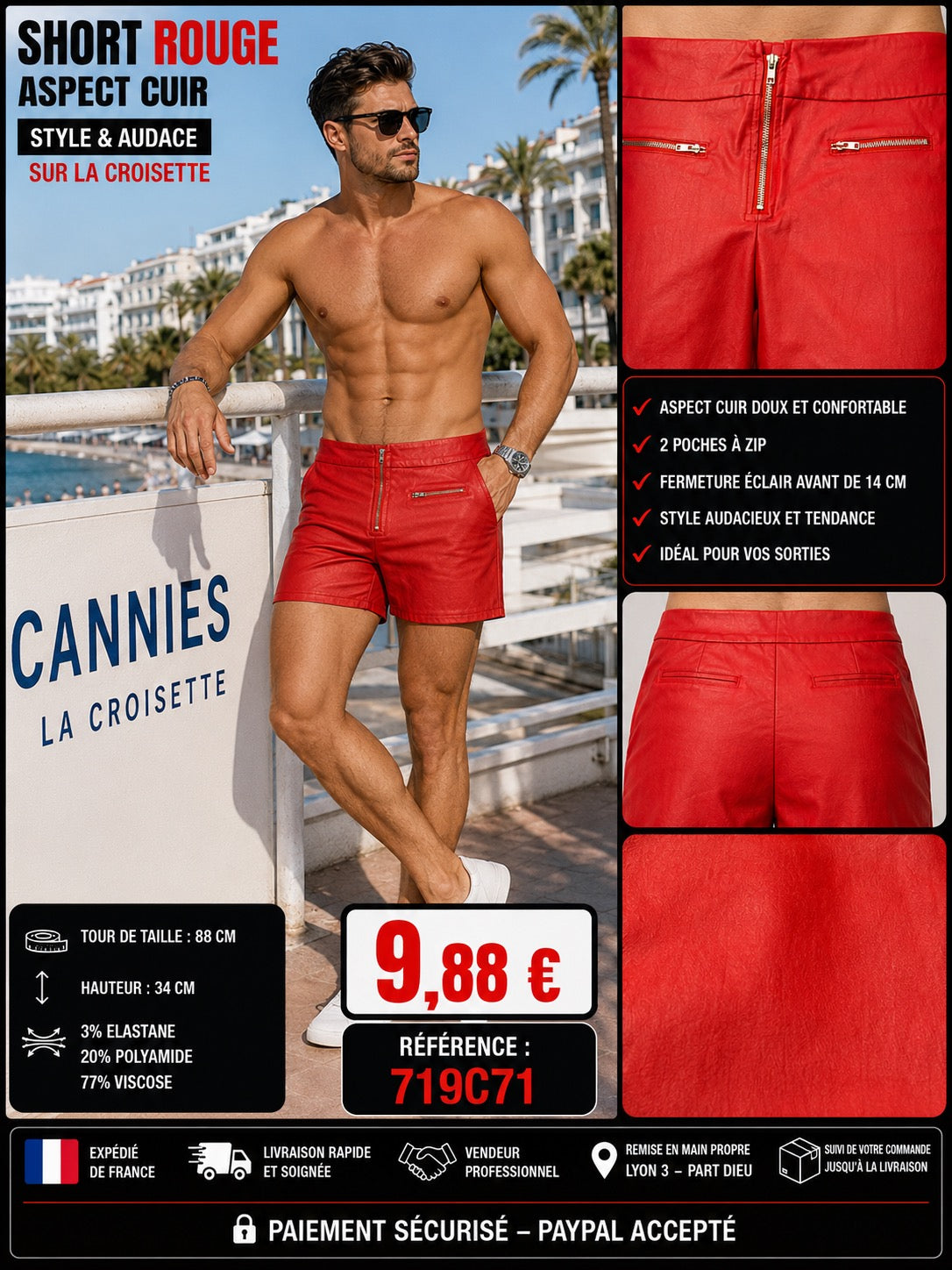 ✨ SHORT ROUGE ASPECT CUIR MIXTE XL ✨