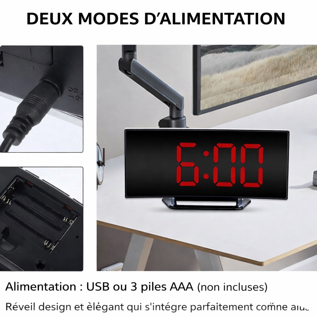 Réveil miroir LED moderne avec affichage courbé