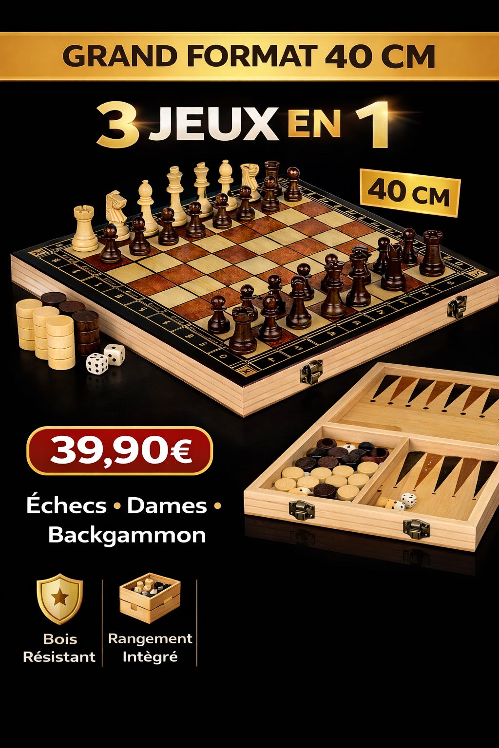 Grand Jeu 3 en 1 Échecs + Dames + Backgammon