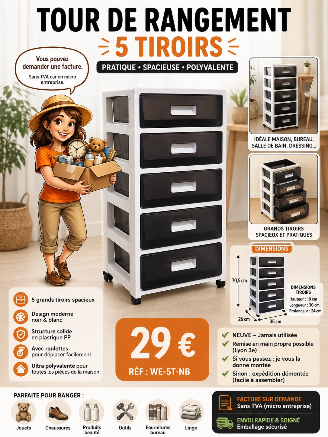 TOUR DE RANGEMENT 5 TIROIRS