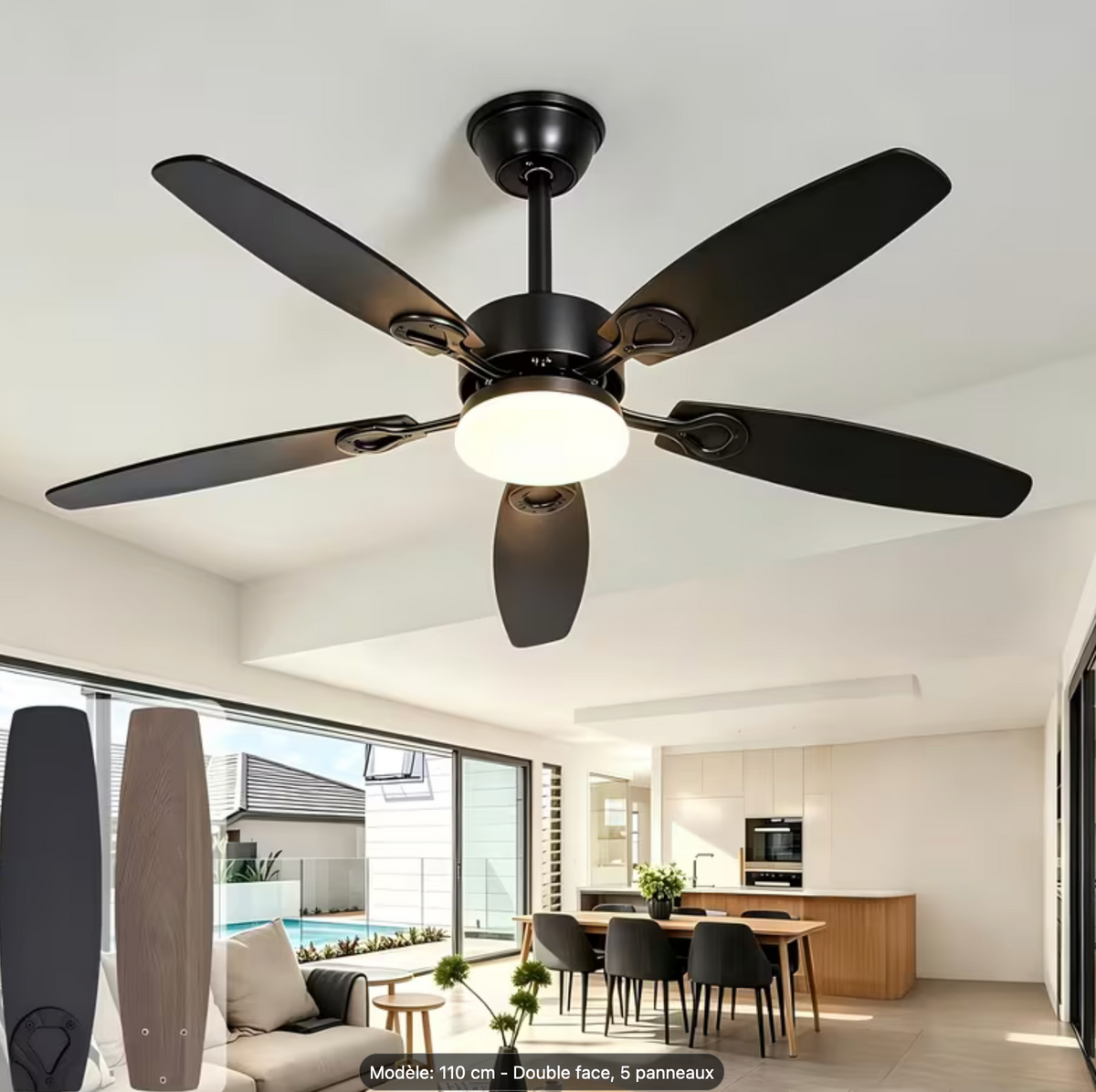 🌬️ Ventilateur de plafond HOMEFIRE 110 cm avec éclairage LED – Moteur DC silencieux réversible – 5 pales double face –