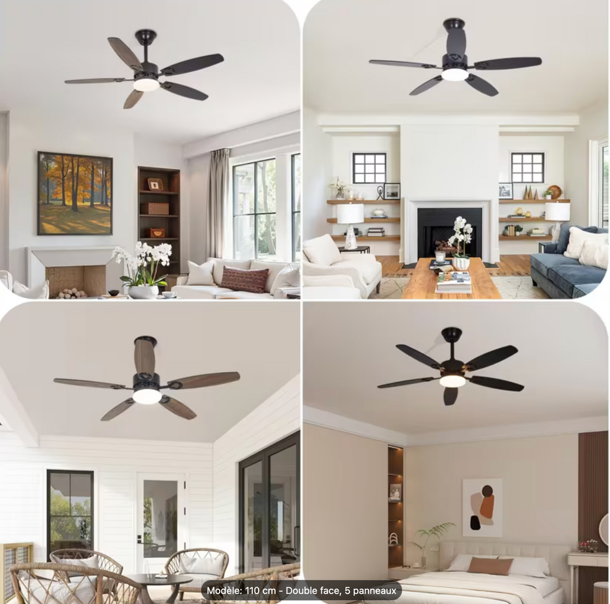🌬️ Ventilateur de plafond HOMEFIRE 110 cm avec éclairage LED – Moteur DC silencieux réversible – 5 pales double face –