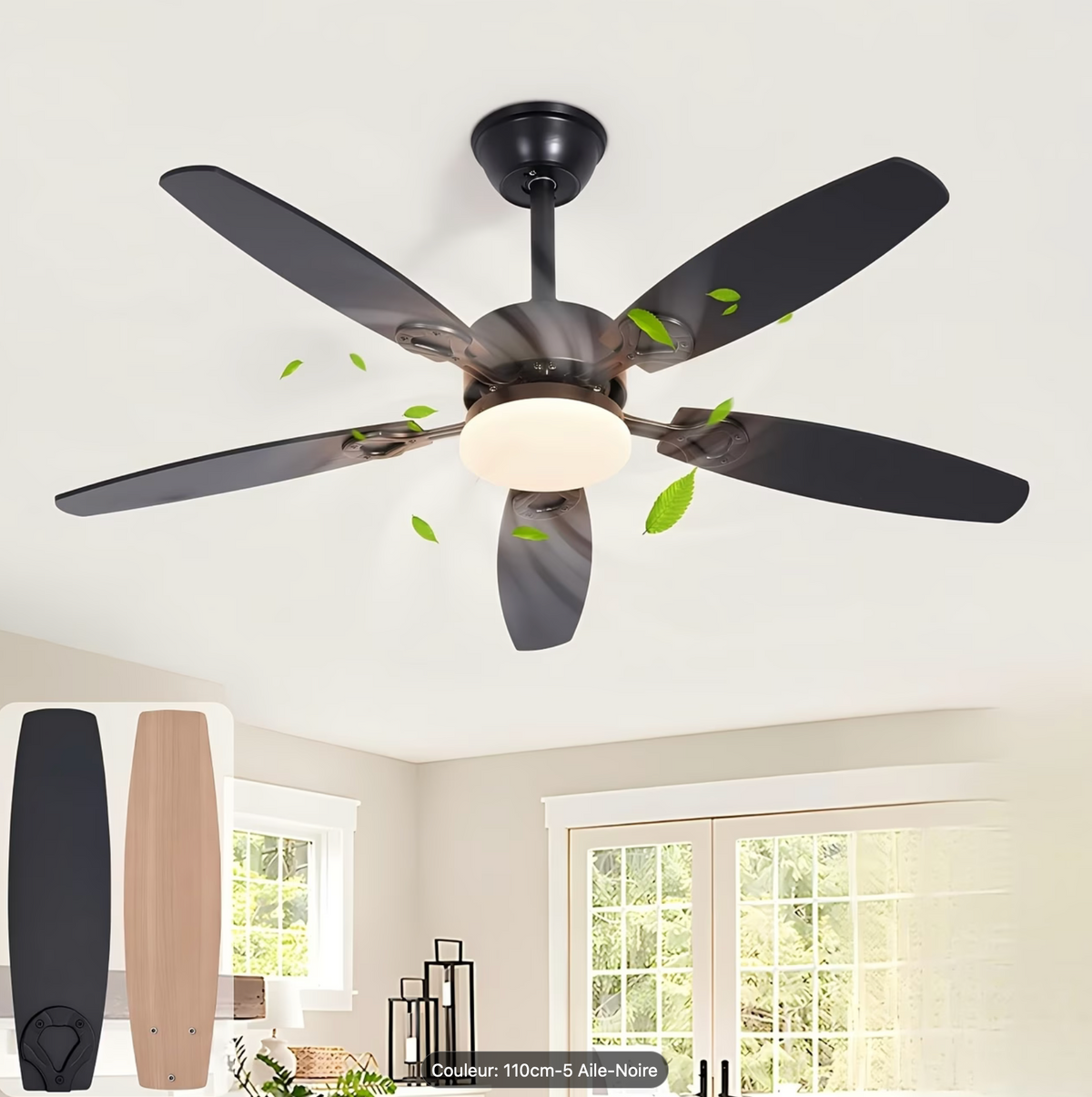 🌬️ Ventilateur de plafond HOMEFIRE 110 cm avec éclairage LED – Moteur DC silencieux réversible – 5 pales double face –