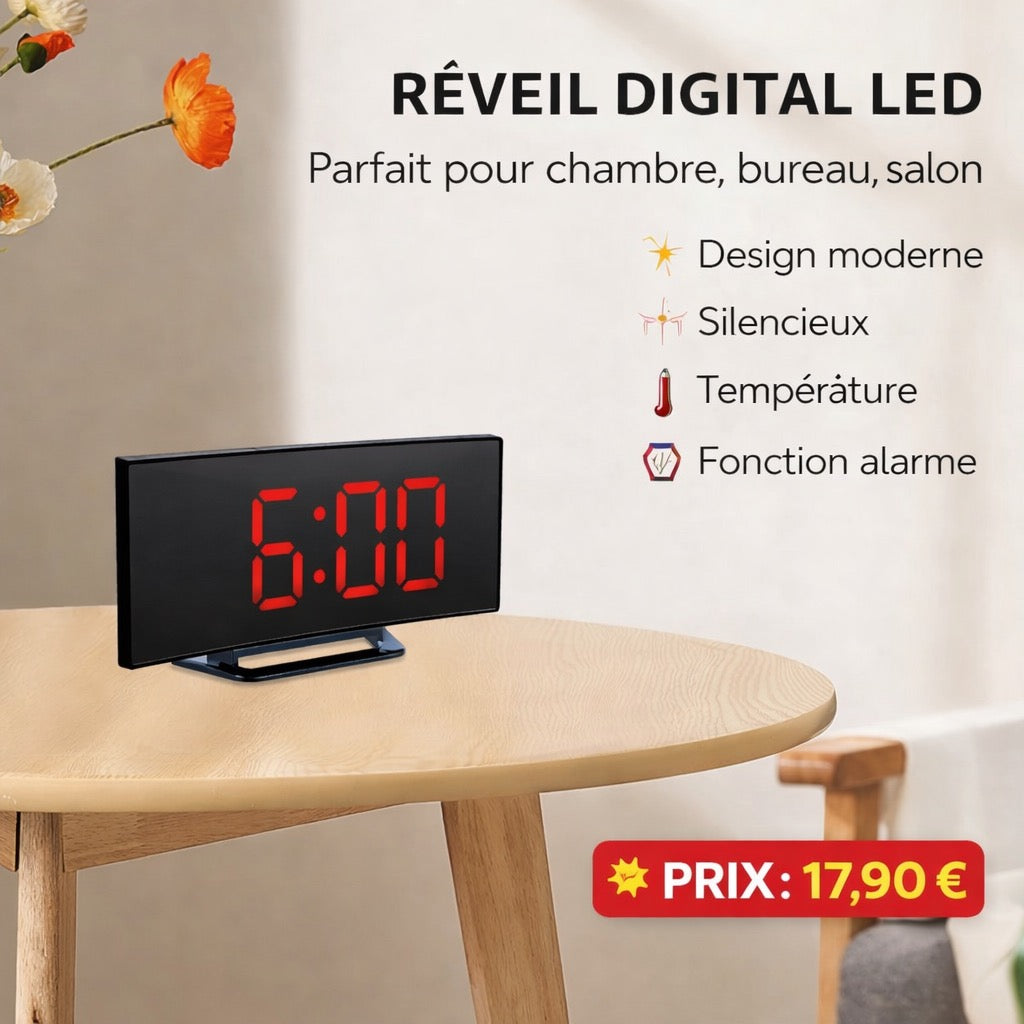 Réveil miroir LED moderne avec affichage courbé