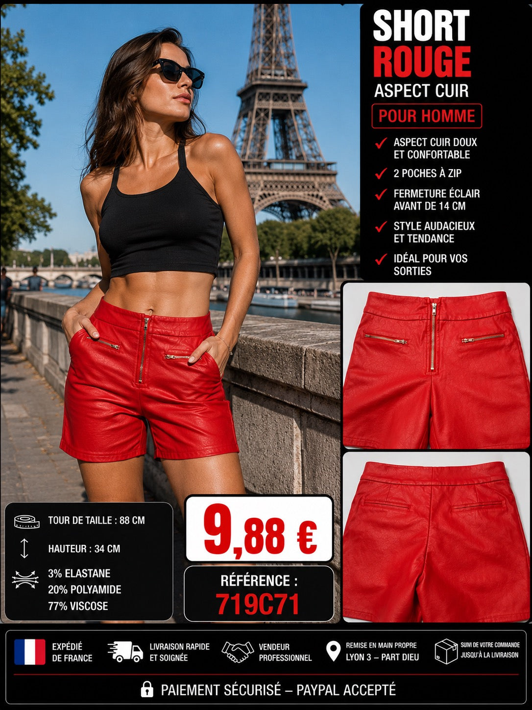 ✨ SHORT ROUGE ASPECT CUIR MIXTE XL ✨