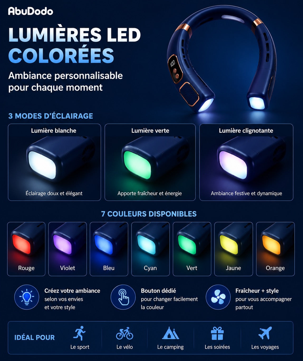 VENTILATEUR TOUR DE COU LED PREMIUM – MAINS LIBRES – 7 COULEURS LED