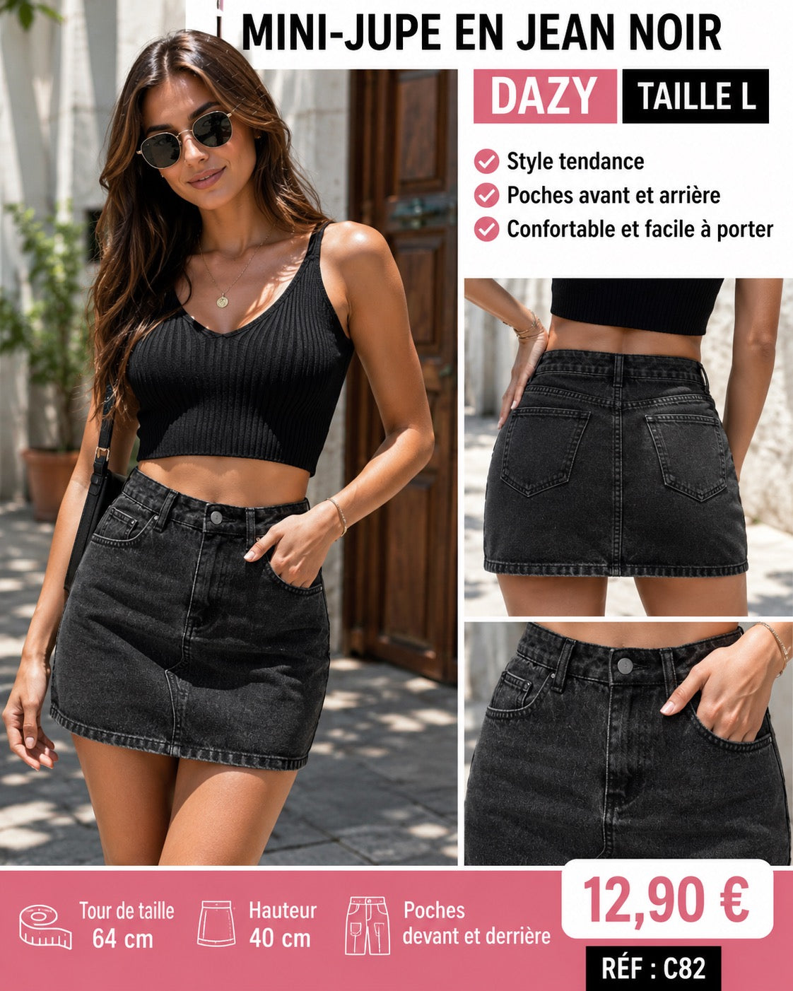 🖤 Mini-jupe en jean noir DAZY – Taille L – Effet délavé – Style tendance