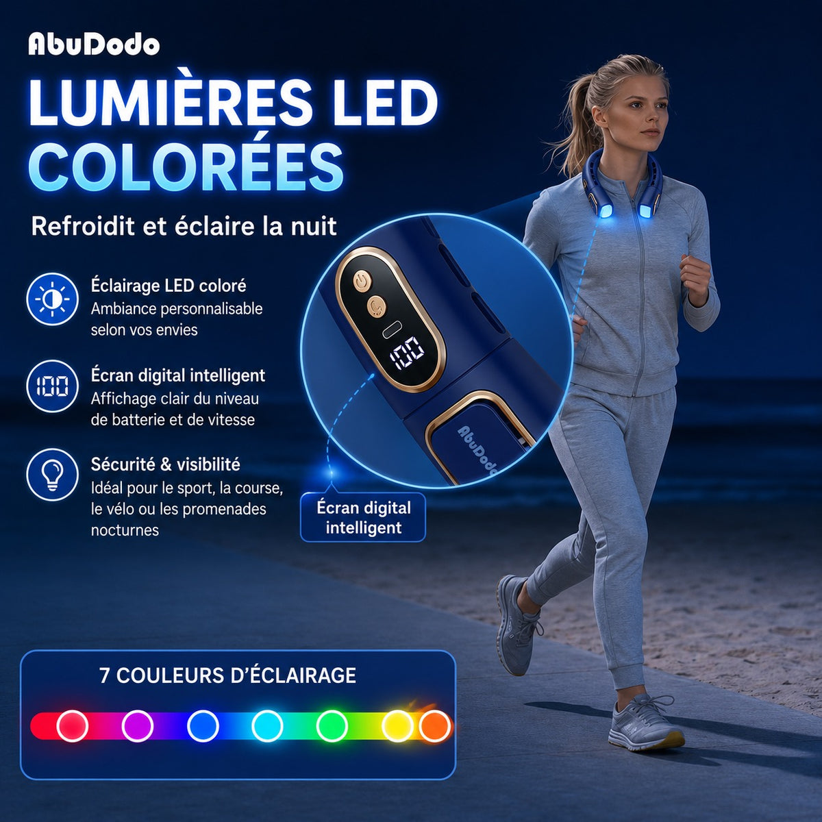 VENTILATEUR TOUR DE COU LED PREMIUM – MAINS LIBRES – 7 COULEURS LED