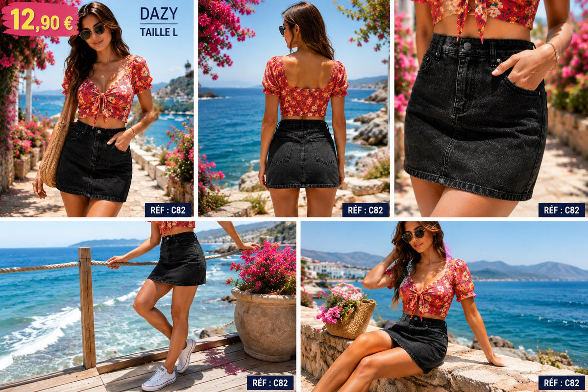 🖤 Mini-jupe en jean noir DAZY – Taille L – Effet délavé – Style tendance