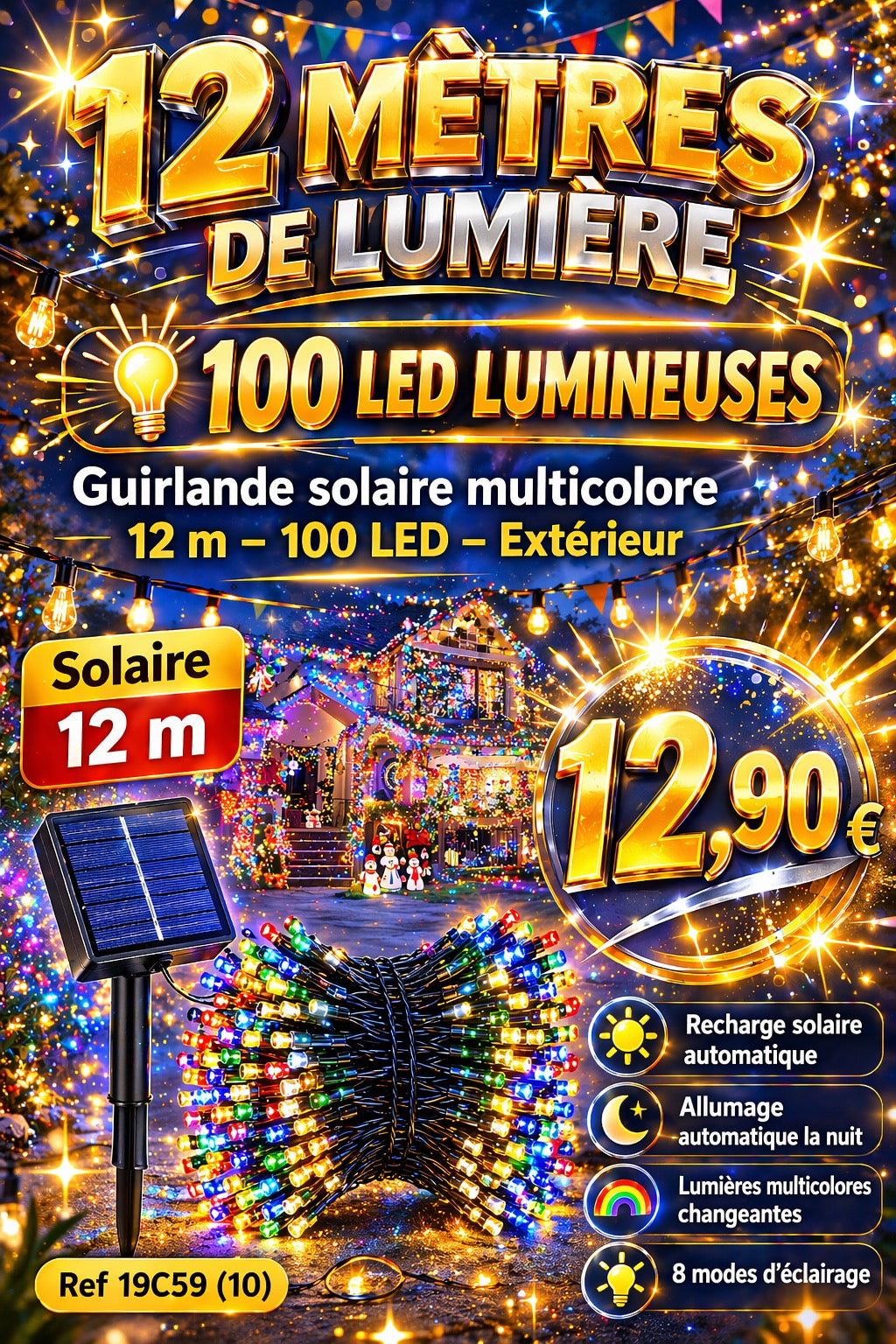 GUIRLANDE SOLAIRE JAUNE CHAUD – 12 M