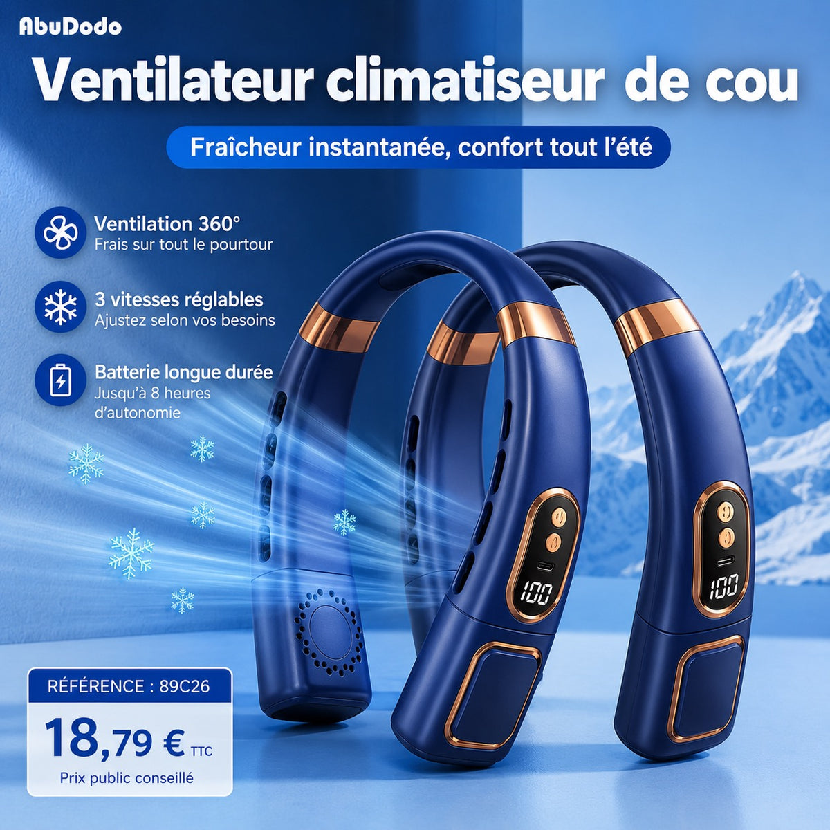 VENTILATEUR TOUR DE COU LED PREMIUM – MAINS LIBRES – 7 COULEURS LED