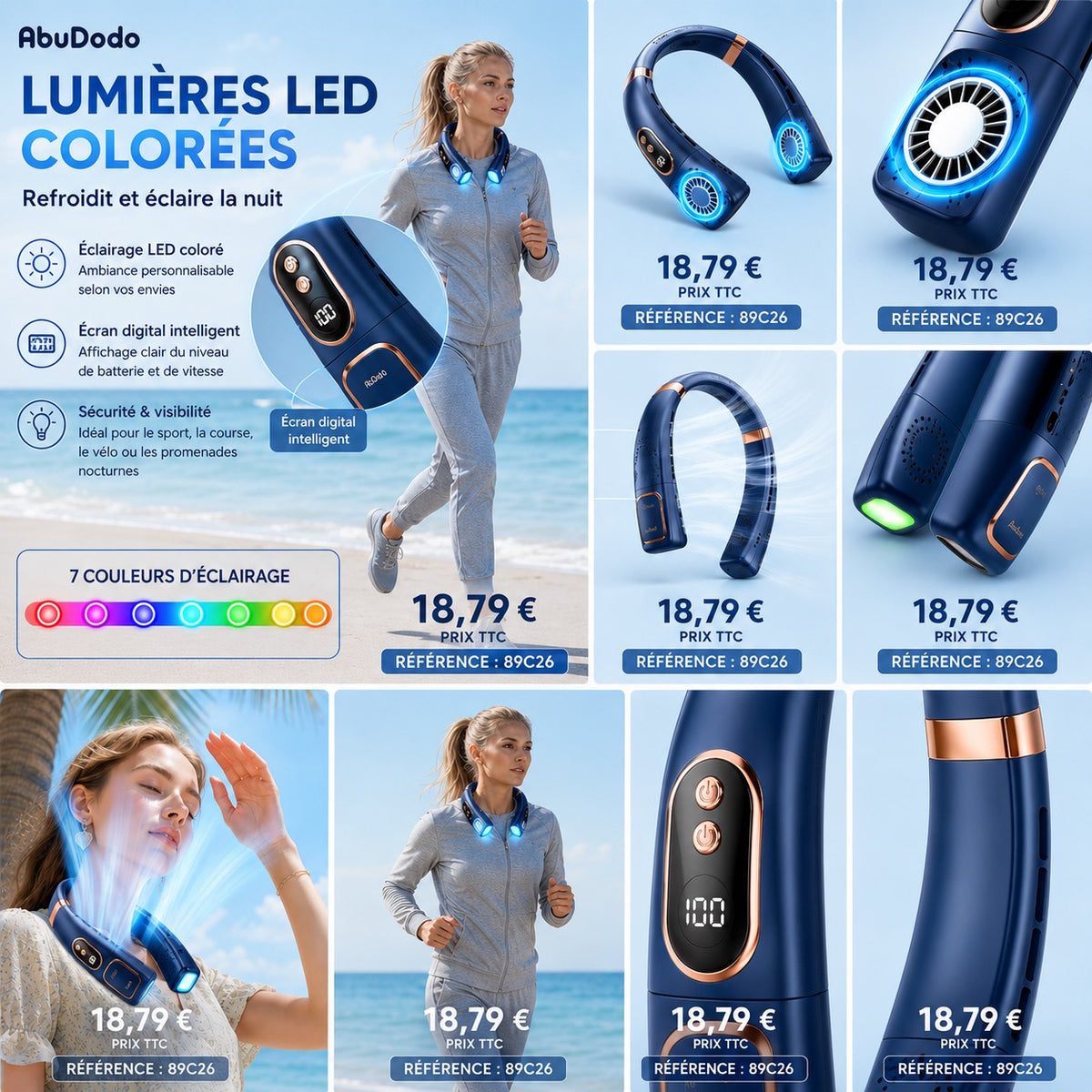 VENTILATEUR TOUR DE COU LED PREMIUM – MAINS LIBRES – 7 COULEURS LED
