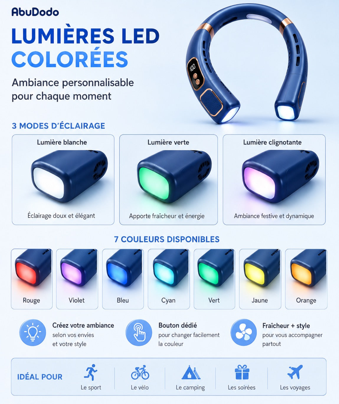 VENTILATEUR TOUR DE COU LED PREMIUM – MAINS LIBRES – 7 COULEURS LED
