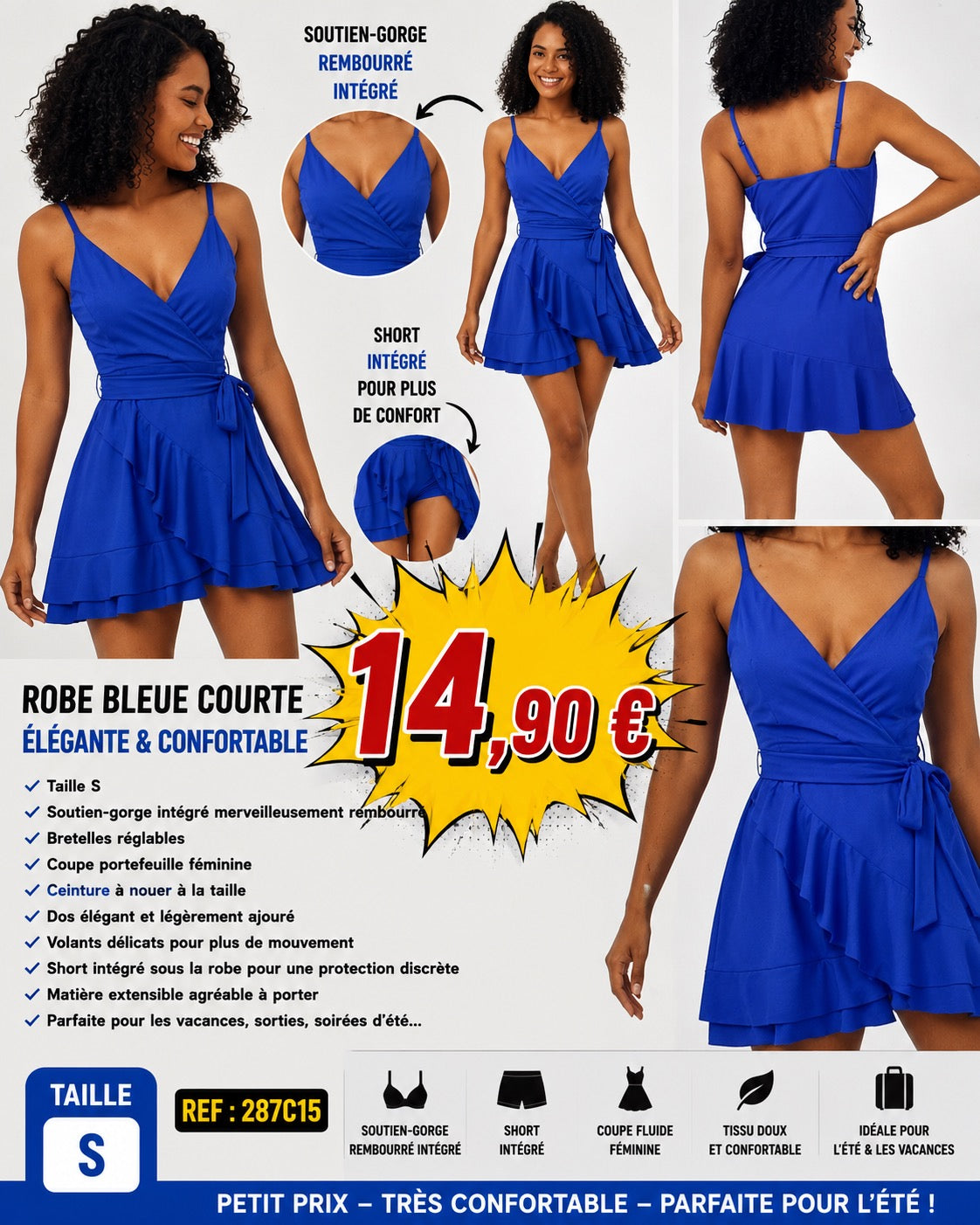 💙 ROBE BLEUE COURTE ÉLÉGANTE – TAILLE S – SHORT INTÉGRÉ – EFFET PUSH-UP 💙