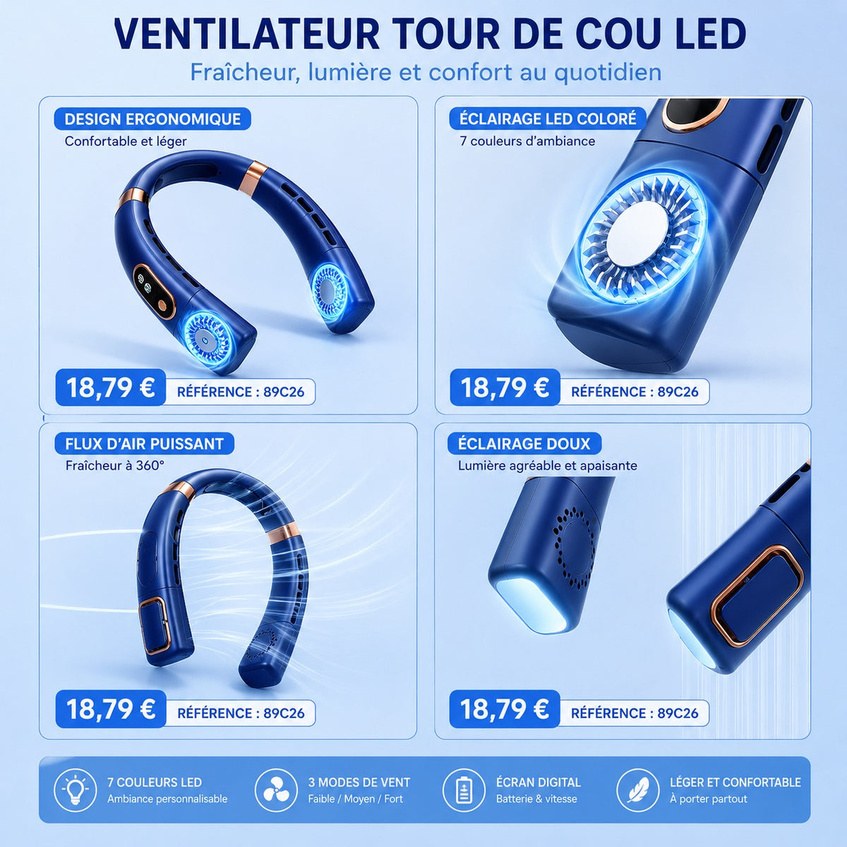 VENTILATEUR TOUR DE COU LED PREMIUM – MAINS LIBRES – 7 COULEURS LED