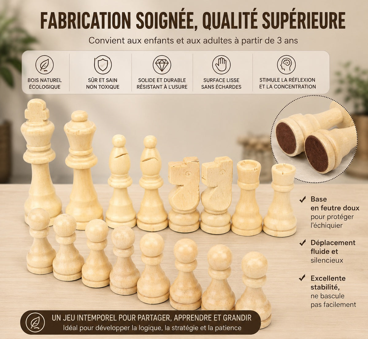 ÉCHECS EN BOIS MASSIF – STYLE STAUNTON CLASSIQUE