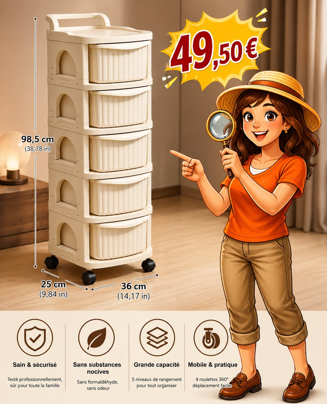 CHARIOT DE RANGEMENT 5 NIVEAUX – MOBILE ULTRA PRATIQUE