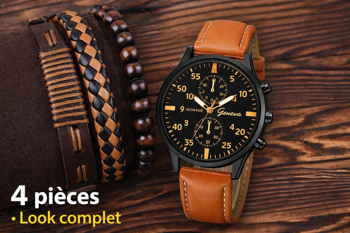 Montre homme + trois bracelets cuir
