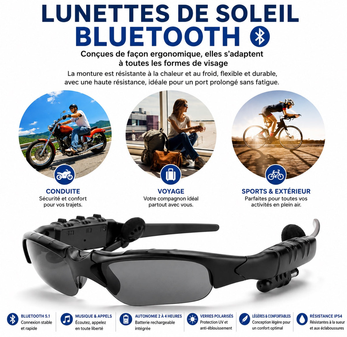 🕶️ LUNETTES DE SOLEIL BLUETOOTH STÉRÉO – MUSIQUE &amp; APPELS MAINS LIBRES