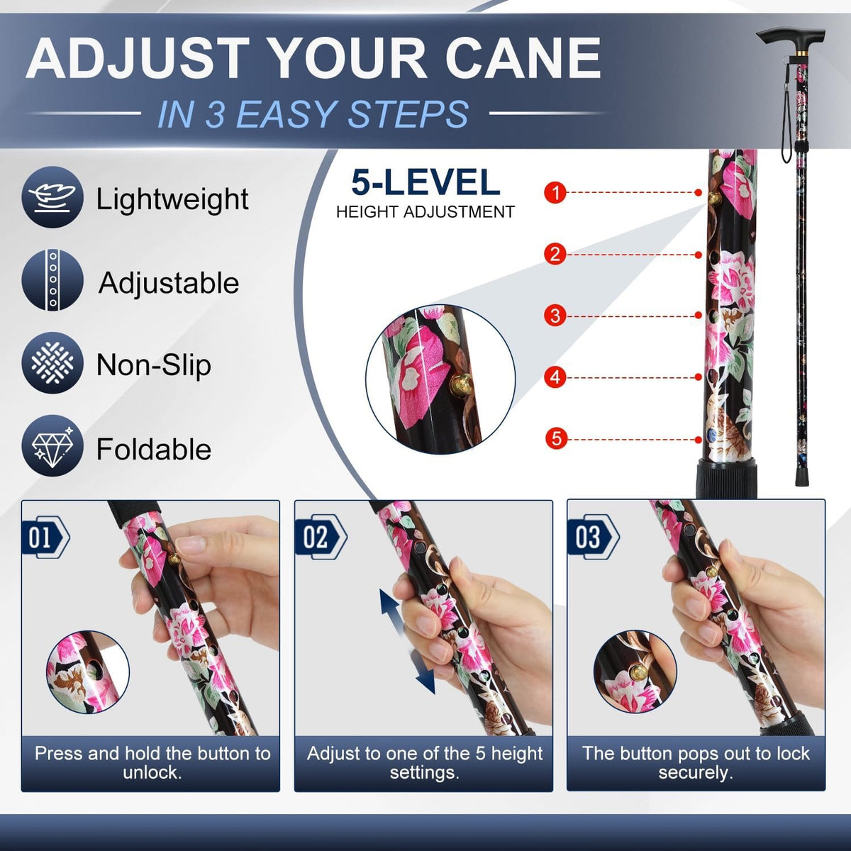 🌸 Canne de Marche Pliable Fleurie Violet & Or