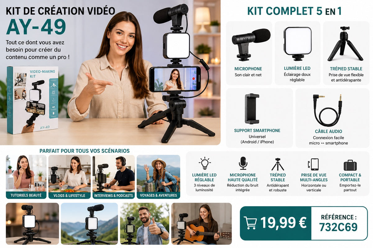 ✨ KIT DE CRÉATION VIDÉO AY-49 – VLOG, YOUTUBE, REELS &amp; LIVE ✨