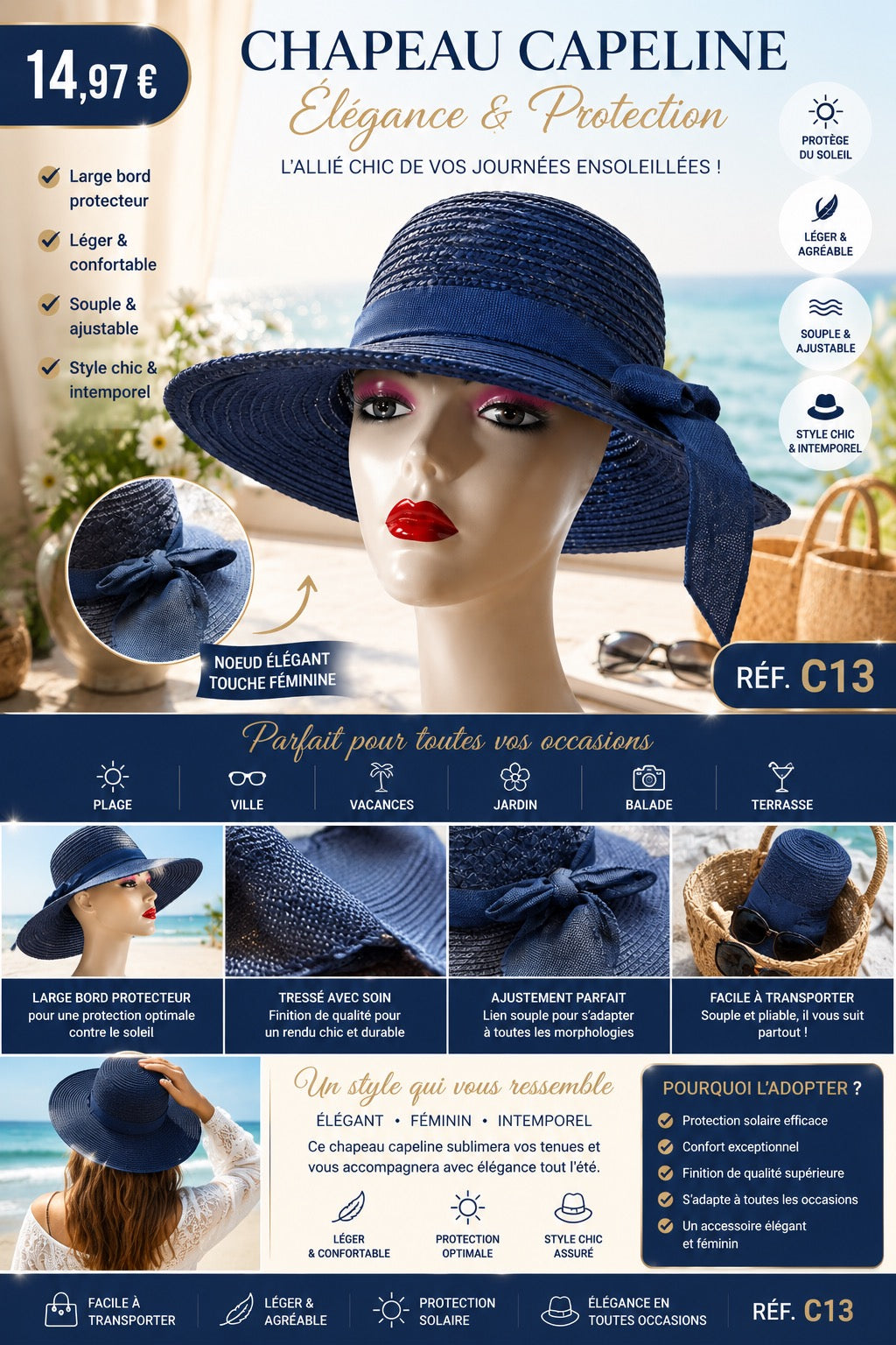 🌞 CHAPEAU CAPELINE BLEU MARINE – ÉLÉGANCE, CHARME & PROTECTION AU QUOTIDIEN