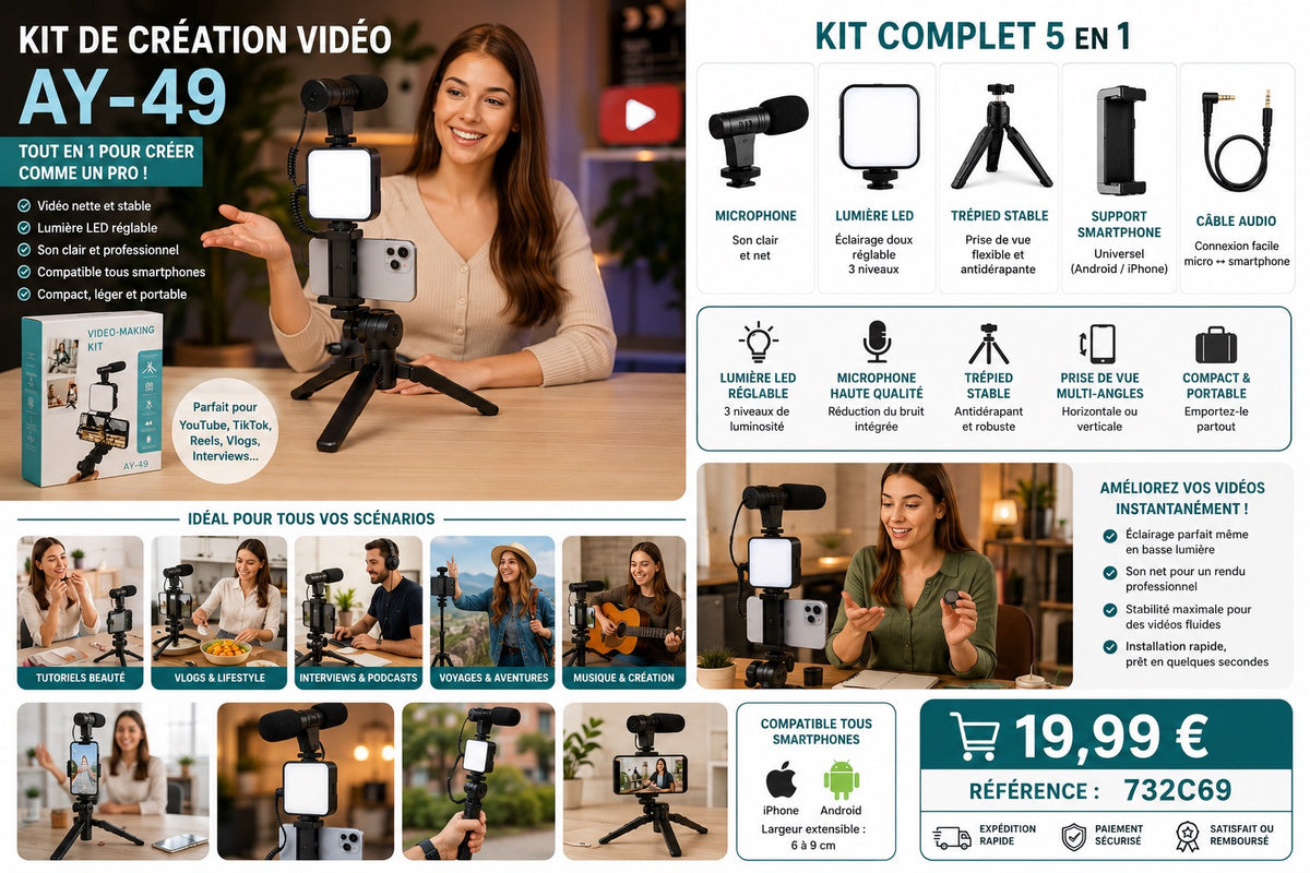 ✨ KIT DE CRÉATION VIDÉO AY-49 – VLOG, YOUTUBE, REELS &amp; LIVE ✨