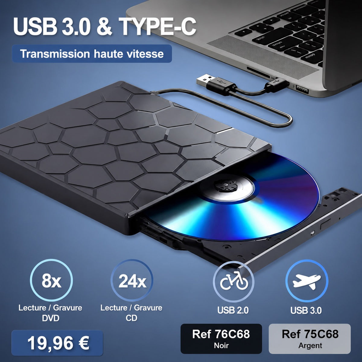 ✨ LECTEUR  NOIR / GRAVEUR CD DVD EXTERNE USB 3.0 & USB-C ✨