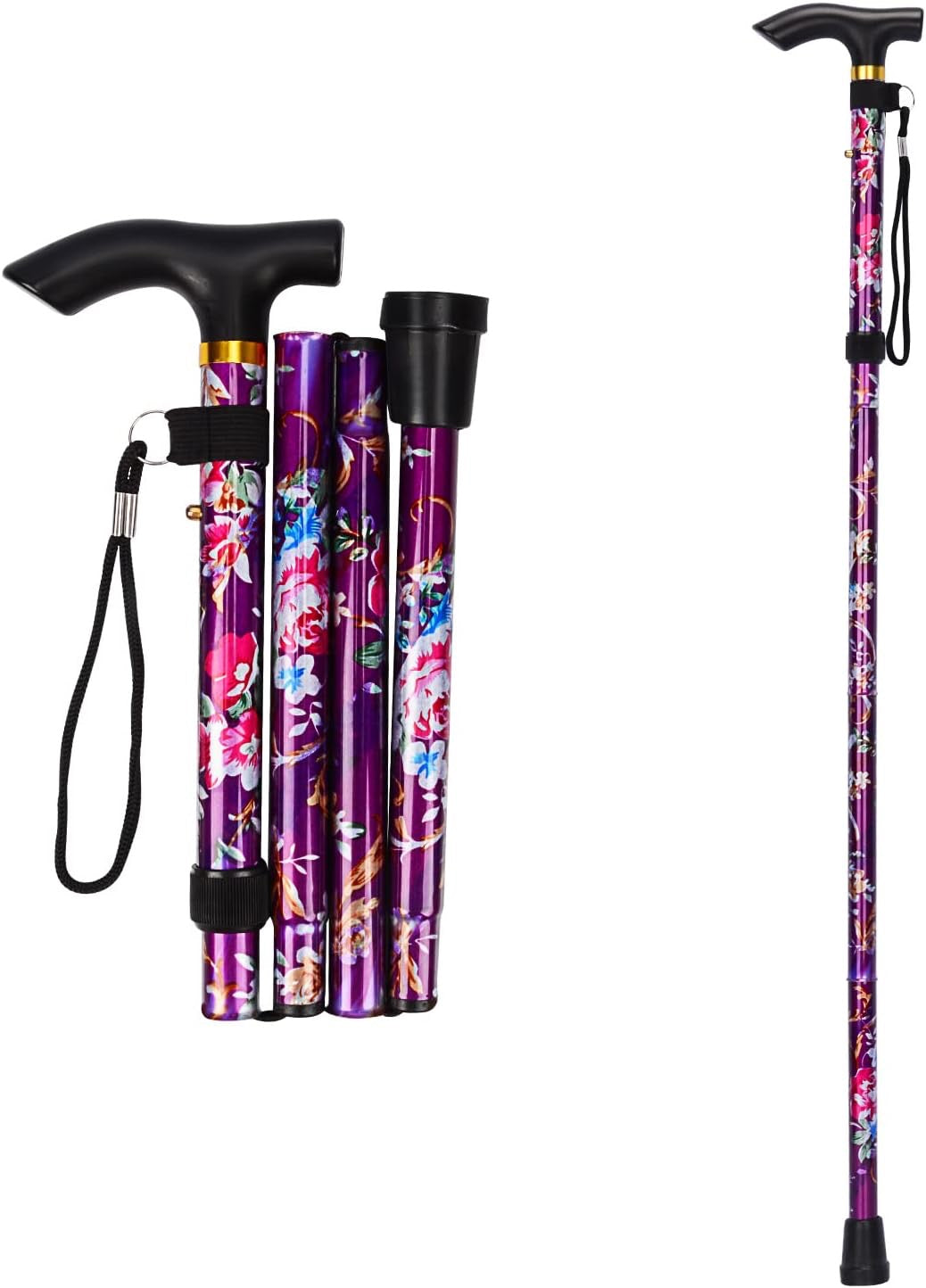 🌸 Canne de Marche Pliable Fleurie Violet & Or