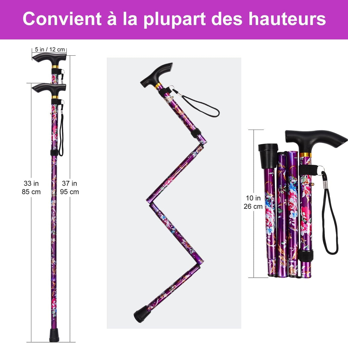 🌸 Canne de Marche Pliable Fleurie Violet & Or
