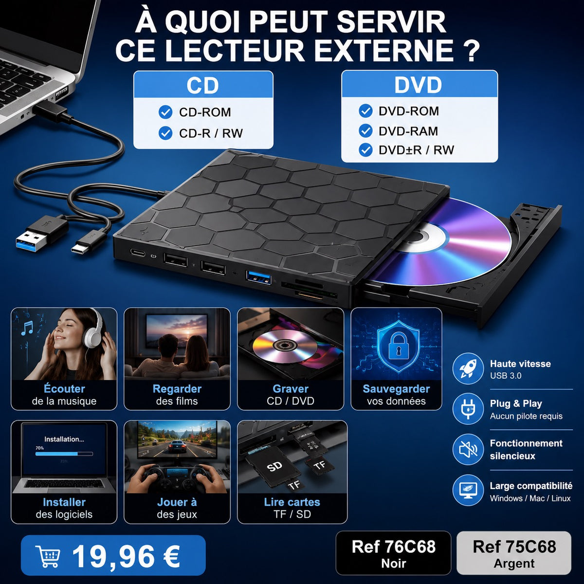 ✨ LECTEUR  NOIR / GRAVEUR CD DVD EXTERNE USB 3.0 & USB-C ✨