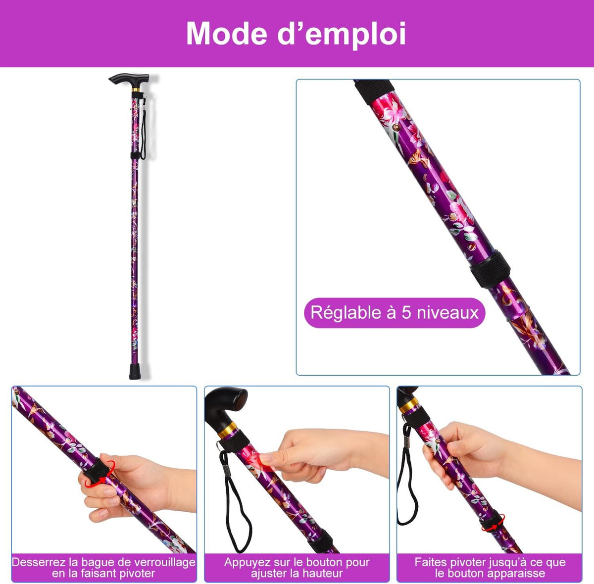 🌸 Canne de Marche Pliable Fleurie Violet & Or